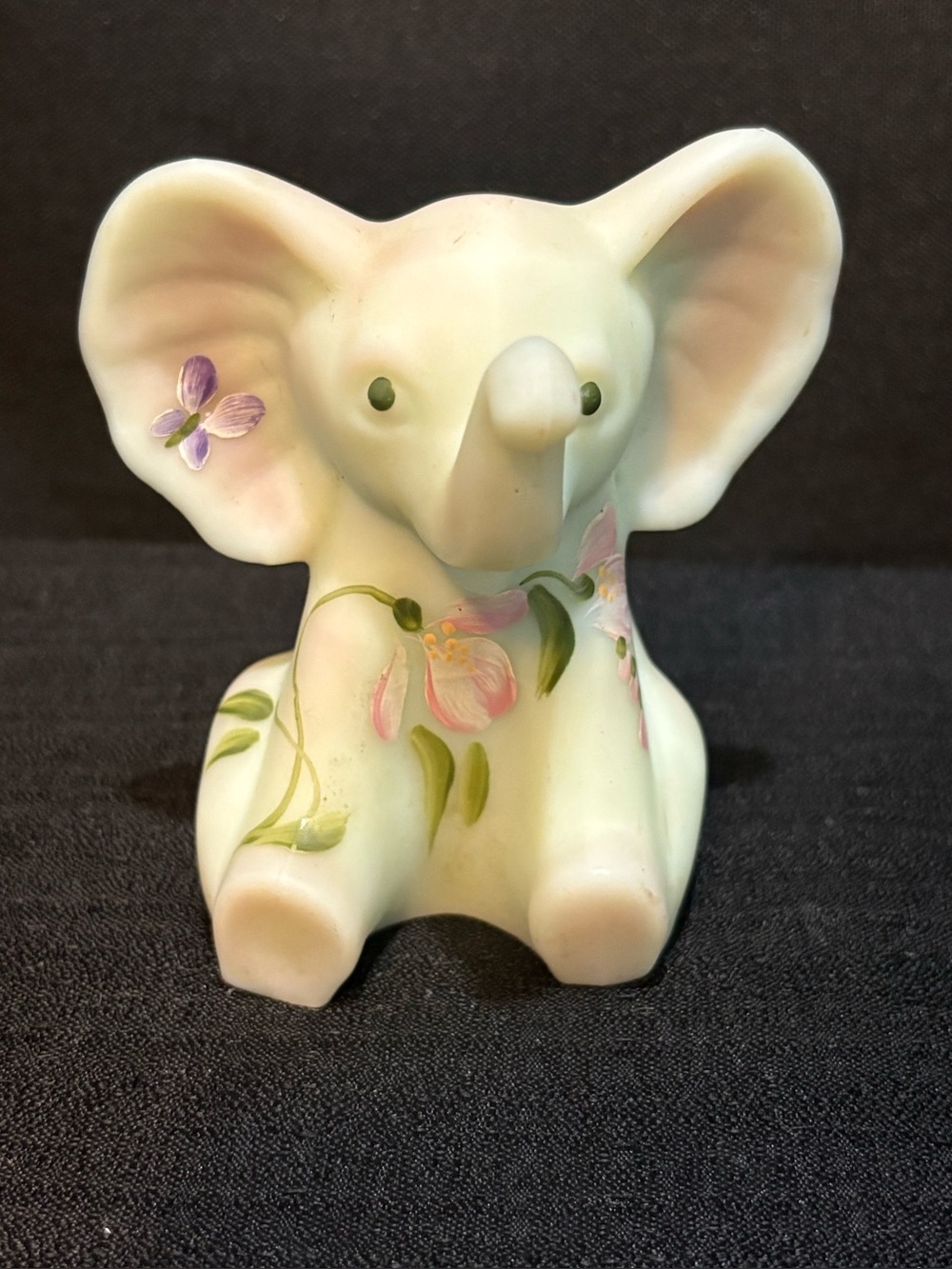Fenton Glass Lotus Mist HP Sitting Elephant Figurine Floral Signed #2083/3500